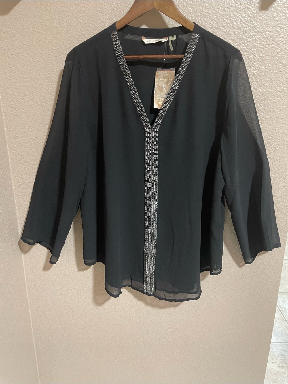 Soft Surroundings Black Beaded-Trim V-Neck Blouse NWT